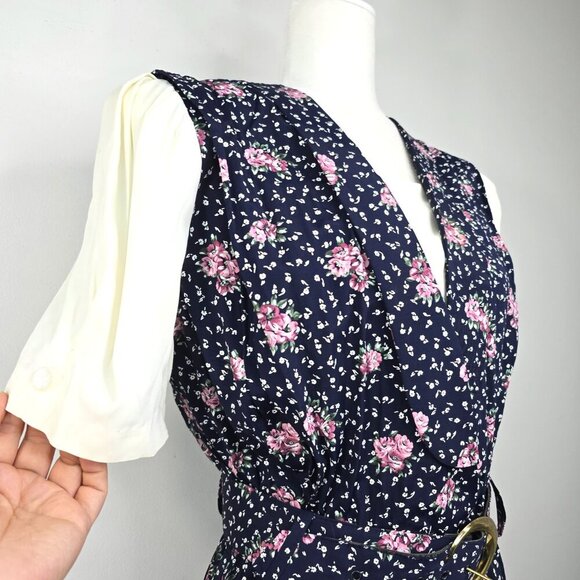 VTG 80S Navy Pink Polka Dot Puff Sleeve Tradwife Maxi Secretary Maxi Dress - Picture 3 of 13